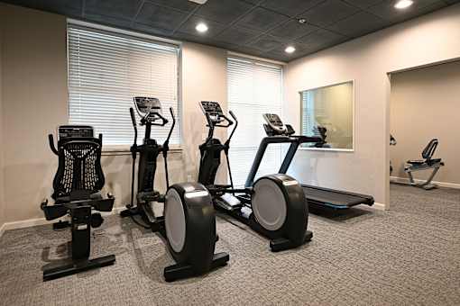 A gym with elliptical machines and a treadmill.