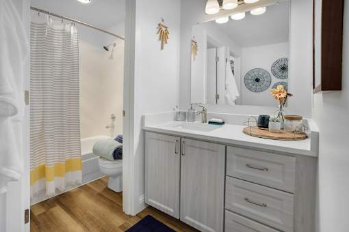 A bathroom with a white vanity and a mirror above it.