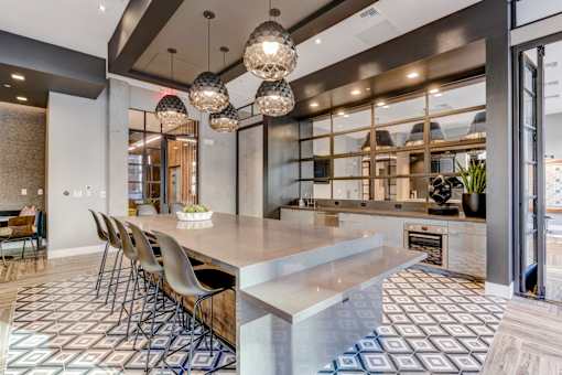 resident social lounge kitchen at Novo Apartments