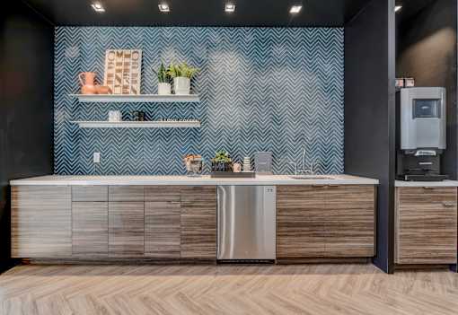 resident social lounge kitchen at Novo Apartments