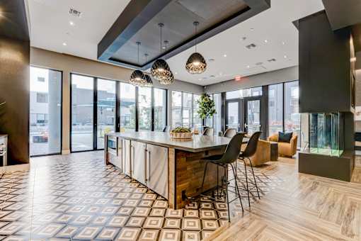 resident social lounge kitchen at Novo Apartments
