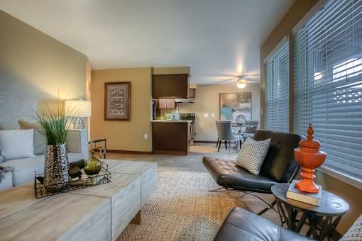 A living room with a black leather couch, a coffee table, and a potted plant.