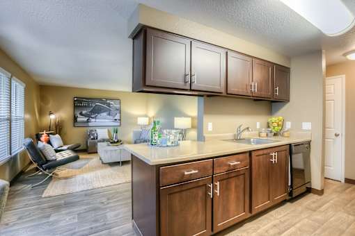 A kitchen with wooden cabinets and a countertop with a sink.