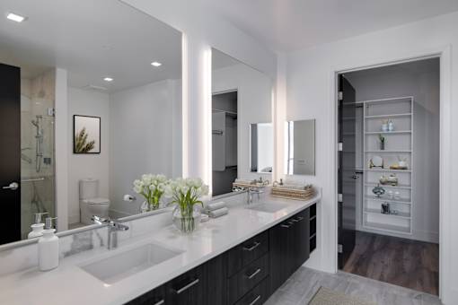 a bathroom with two sinks and a large mirror
