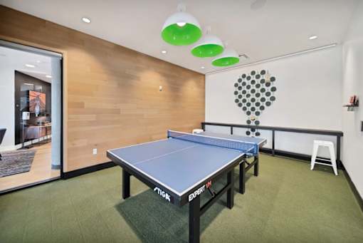 a ping pong table in the center of a room