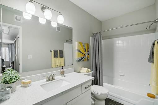 a bathroom with a large mirror and a sink and a toilet