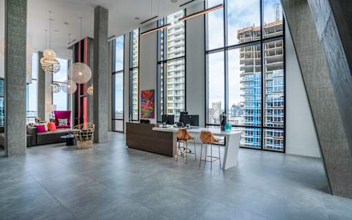 a view of the city from the social lounge