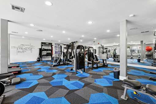 A gym with a blue and grey floor and a variety of equipment.