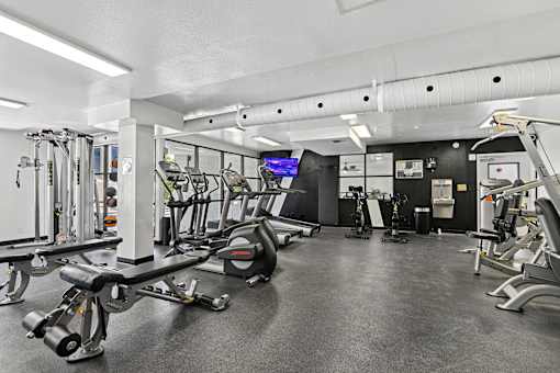A gym with a variety of equipment including treadmills, weights, and exercise machines.