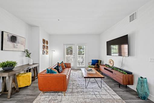 A living room with a brown couch and a grey rug.