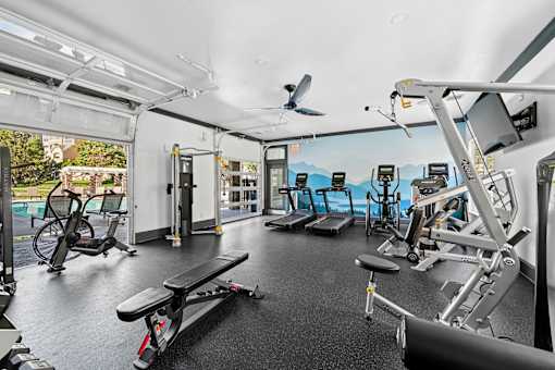A gym with a variety of equipment including treadmills, weights, and a fan.