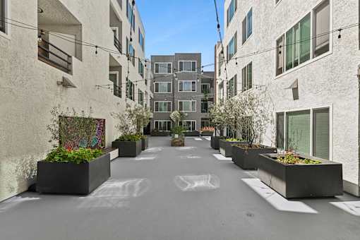 A long, narrow courtyard between two buildings with planters on the ends.