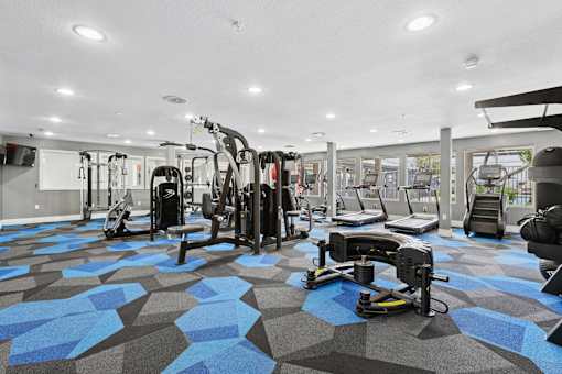 A gym with a variety of equipment including treadmills, weights, and exercise machines.
