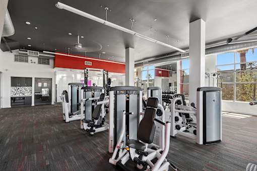 A gym with a variety of equipment including treadmills, weights, and exercise machines.