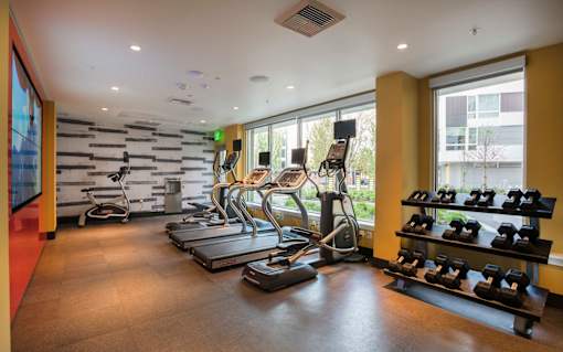 fitness center with cardio equipment and a wall of windows