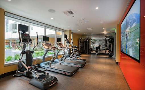fitness center with cardio equipment and large windows