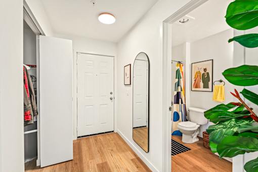 A white door is open to a hallway with a mirror and a potted plant.