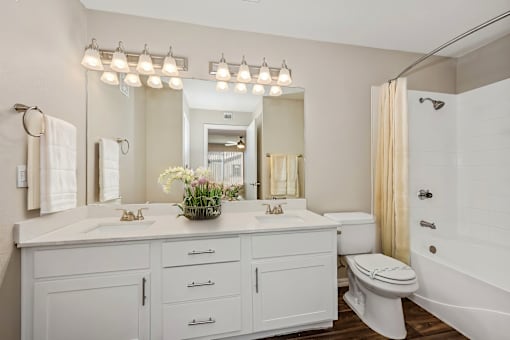 a bathroom with a large mirror and a toilet and a sink