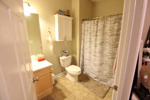 a bathroom with a toilet and a shower curtain