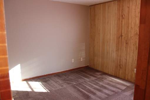 an empty room with carpet and a wooden door