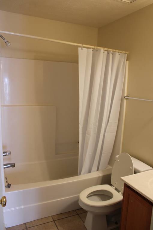 a bathroom with a toilet and a tub with a shower curtain