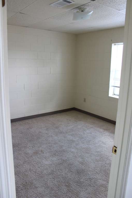 the view of the bathroom from the top of the closet