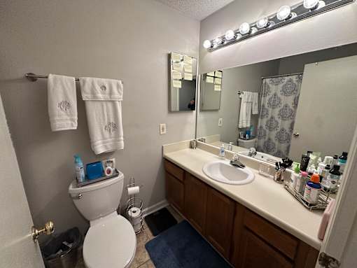 A bathroom with a toilet, sink, mirror, and lights.