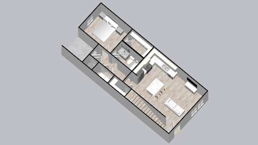 a 3d floor plan of a small house
