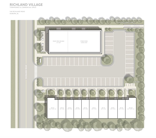 A site plan for Richland Village shows a grid of townhouses and commercial spaces.