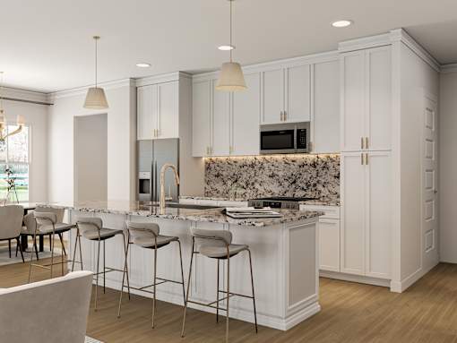 A kitchen with white cabinets and a marble backsplash.