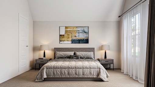 A bedroom with a large bed and a painting on the wall.