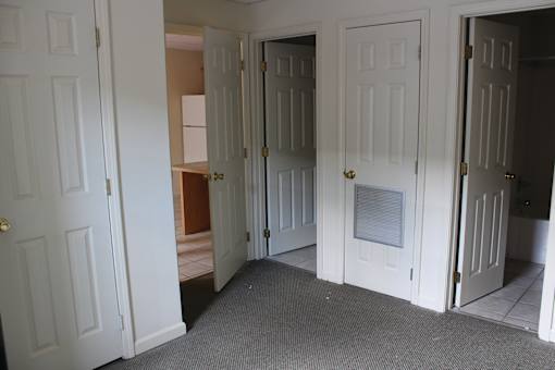 a view of three doors in a room with a carpeted floor