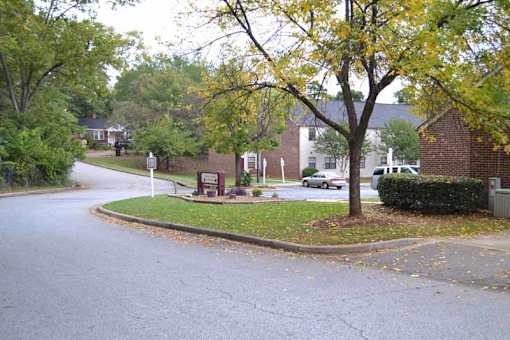 a street with a tree on the corner of a street