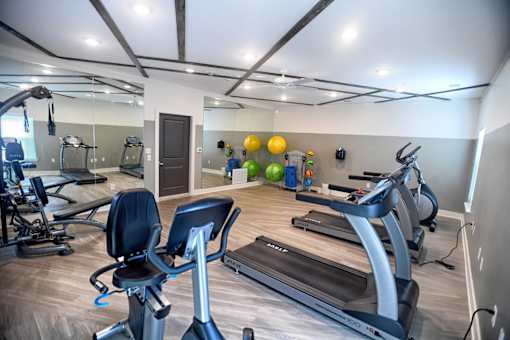 A gym with treadmills, exercise bikes, and other equipment.