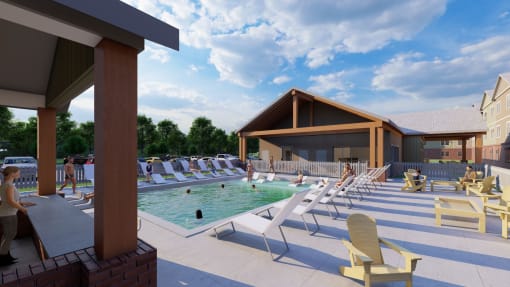 3 Bedroom Luxury Apartments in Boiling Springs SC - Grande at Geyser Falls - Pool Area with Submerged and Poolside Lounge Seating, Yellow Adirondack Chairs, and Grill Area