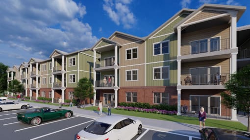 Upscale Apartments in Boiling Springs SC - Grande at Geyser Falls - Property Exterior with Green and Tan Walls, White Trim, Balconies, Landscaped Grounds, and Parking Spaces