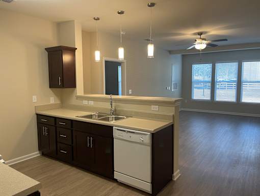 A modern kitchen with dark brown cabinets and a white dishwasher.
