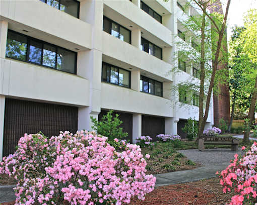 Croft House Elderly Apartments in Aiken, SC - Exterior with pink flowers