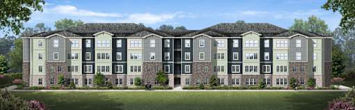 a rendering of a large apartment building with a lawn