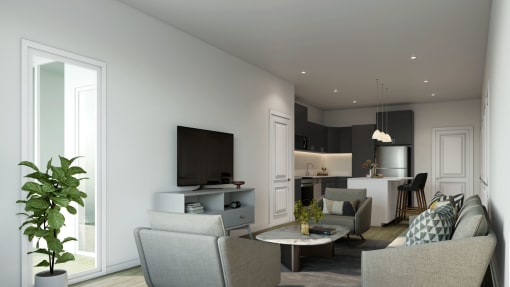 Dog-Friendly Apartments in Greenville, SC - Alston - Living Room with Open Layout, Plant, Sofa, and TV.