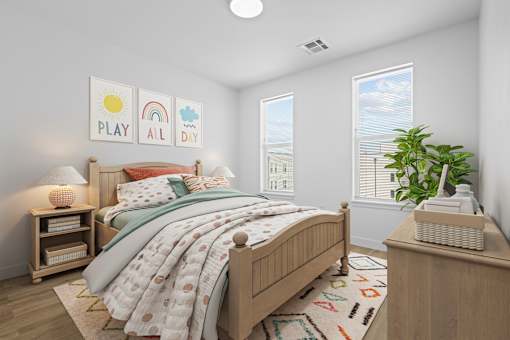 Bedroom with windows at 36N Apartments, Tulsa, Oklahoma