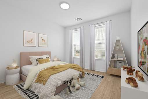 A bedroom with a bed, a nightstand, a lamp, a rug, a teddy bear, a shelf, and a painting.
