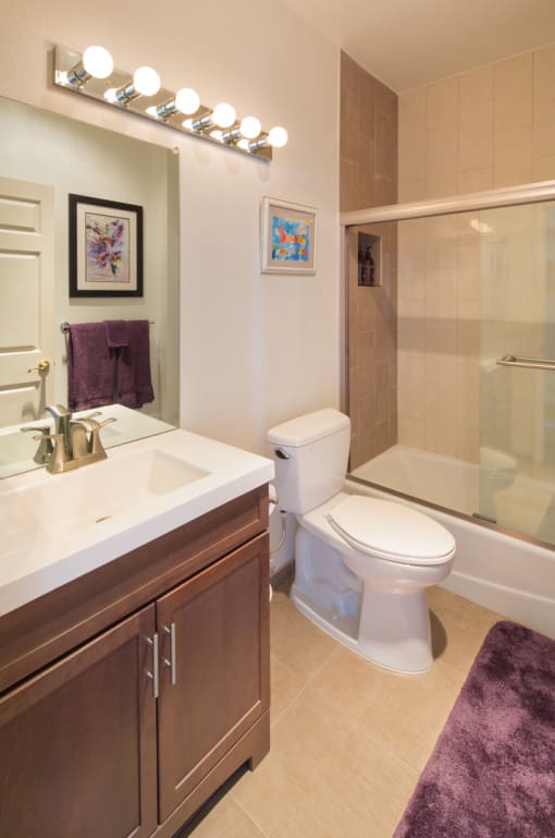 Apartment bathroom with vanity, shower tub combo