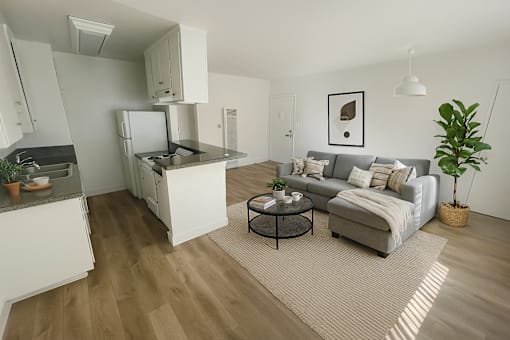 A modern living room with a grey couch and a coffee table.