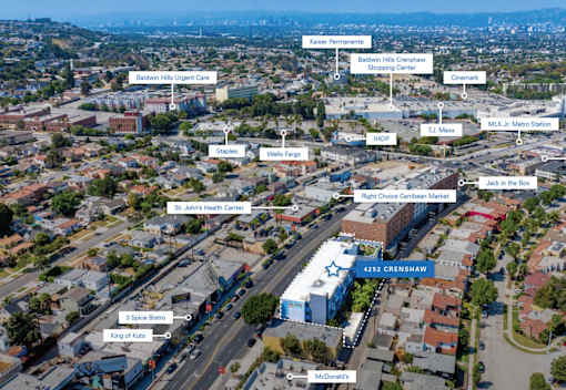 An aerial view of a city with various landmarks and streets labeled.