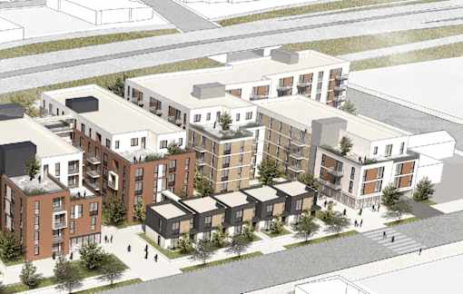A 3D rendered image of a modern residential complex.