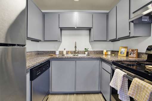A kitchen with a black dishwasher and a black stove top oven.