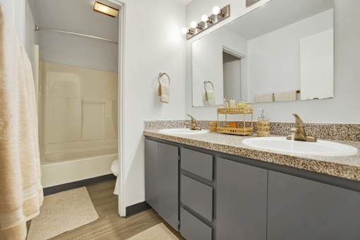 A bathroom with a sink, mirror, and shower.