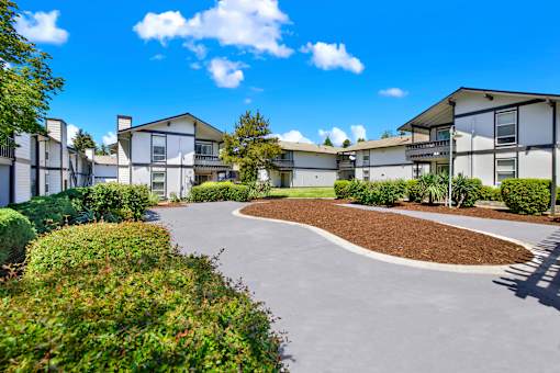 A residential area with houses and a curved driveway.
