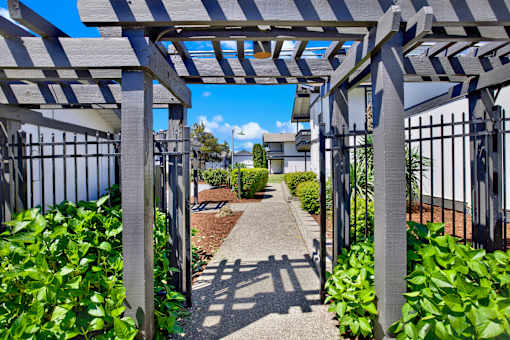 A pathway is framed by a pergola and leads to a building.